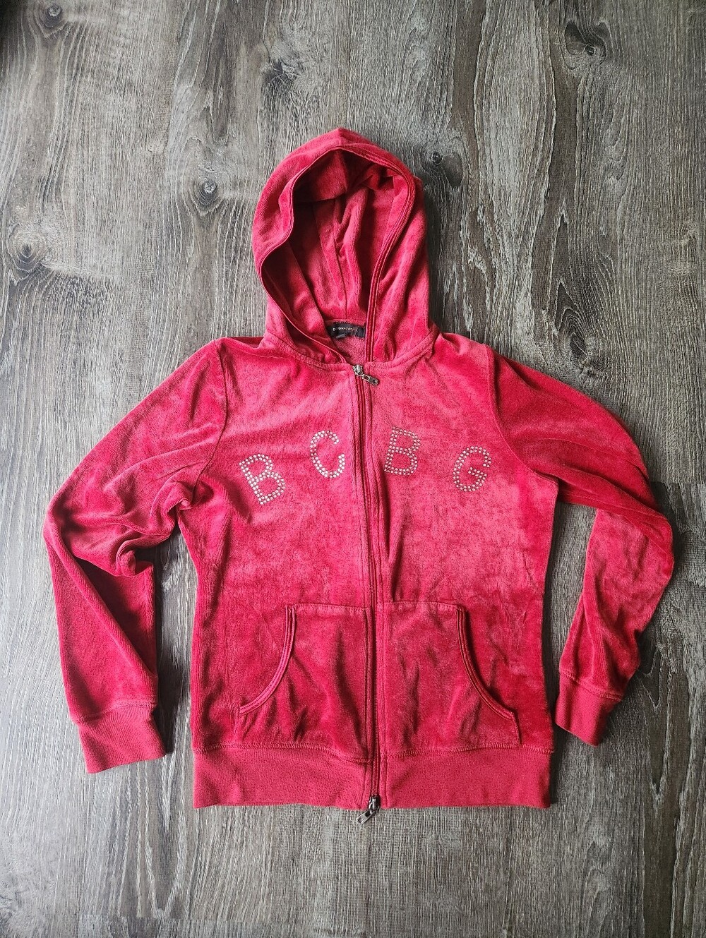 BCBG Red Velvet Velour Zip-Up Hoodie